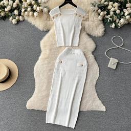 Knitted White Summer Women Solid 2 Piece Bottons Crop Top Tanks Slit Midi Long Skirt Set Bodycon Sexy Party Elegant Outfit 240518