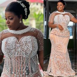 Champagne Mermaid Prom Dresses 2025 Illusion Pearls Sequined Vintage Evening Formal Party Second Birthday Engagement Gowns Plus Size Dress For Special Occasions