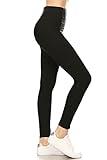 Leggings Depot Women's 3" Waistband Yoga High Waisted Solid Leggings Pants (Full Length, Black, One Size)