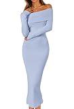 MEROKEETY Women's Winter Off Shoulder Bodycon Sweater Dress Formal Long Sleeve Elegant Cocktail Party Midi Maxi Dresses, Blue, Medium