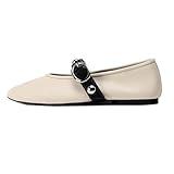 Moyilishan Studs Ballet Flats Womens Round Toe Buckle Strap Mary Jane Flat Comfortable Casual Fall Ballerina Shoes White Size 7