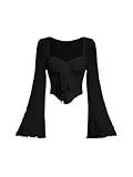 SOLY HUX Women's Long Bell Sleeve Tops Mesh Sweetheart Neck Going Out Crop Top Casual Asymmetrical T Shirts Tees Pure Black XL