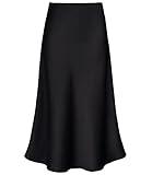 Women's Satin High Waist Hidden Elasticized Waistband Flared Casual A Line Midi Skirt Black