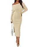 LILLUSORY Womens Fall Sweater Dresses Off The Shoulder Winter Clothes Long Sleeve 2024 Midi Plus Size Fashion Outfits Party Apricot S