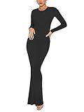 REORIA Women's Sexy Casual Crew Neck Lounge Slimming Long Dress Elegant Wedding Guest Long Sleeve Ribbed Bodycon Maxi Dresses Black Medium