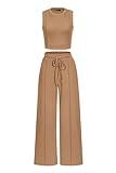 PRETTYGARDEN Women's Summer 2 Piece Loungewear Set Cropped Tank Top Wide Leg Sweatpants Tracksuit Casual Outfits (Camel,Medium)