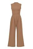 PRETTYGARDEN Womens Summer Jumpsuits Dressy Casual One Piece Outfits Sleeveless Mock Neck Wide Leg Pants Rompers with Pockets (Camel,Medium)