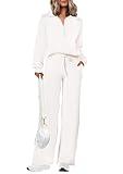 PRETTYGARDEN Women's 2 Piece Outfits Casual Lapel Half Zip Sweatshirts And Wide Leg Pants Tracksuit Sets (White,Large)