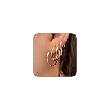 Gold Hoop Earrings Set for Women,14k Gold Plated Gold Hoops with Sterling Silver Post Hypoallergenic Thin Hoop Gold Earrings for Women (Gold-14mm/20mm/30mm/40mm)