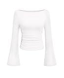PRETTYGARDEN Women's Long Sleeve Shirts 2025 Fall Crop Going Out Tops Casual Boat Neck Bell Sleeve Ribbed Ruched Y2K Clothes (White,Large)