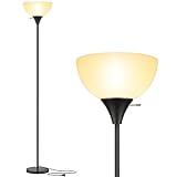 Coucrek Floor Lamp, LED Standing Lamps with White Plastic Shade, Black Modern Torchiere Floor Lamp, Tall Lamps for Living Room Dorm, Bulb not Included