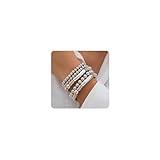 Jumwrit 5pcs Layered Beaded Bracelets Set for Women Dainty Stretch Elastic Round Ball Beads Chain Tube Bangle Bracelets Boho Stackable Bracelets Trendy Jewelry (Silver)