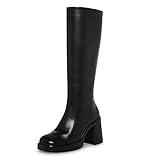 SOVANYOU Black Leather Boots Platform Knee High Boots for Women Chunky Block Heeled Boots Square Toe Go-Go Boot High Heel Tall Boots Side Zip