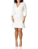 Star Vixen Women's Petite 3/4 Sleeve Faux Wrap Dress with Collar, Ivory, PM