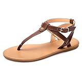 Colgo Thong Flat Sandals, Casual Women T-Strap Dress Sandals with Adjustable Ankle Buckle for Summer Wedding (Coffee/Sdl,8)
