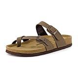 CUSHIONAIRE Luna Cork Footbed Women's Sandals - Comfortable Slip-On Slides with Adjustable Straps & Memory Foam for All-Day Wear | Beach Essential Summer Sandals for Women 2025, BROWN 8