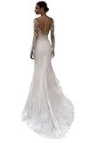 Lace Wedding Dresses with Sleeves 2024 Long Mermaid Off Shoulder V-Neck Backless Lace Applique Tulle Boho Wedding Gowns for Bride White US2