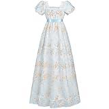 FCCAM Regency Dresses for Women Bridgerton Puffy Sleeves Empire Waist Regency Ball Gown Blue M