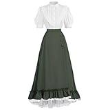 FCCAM Green Victorian Dress for Women Short Sleeve 1800s Edwardian Dress Costume with Pockets S
