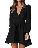 FAIABLE Mini Dress Deep V Sexy Dress Long Sleeve Dress for Women A-line High Waisted Casual Flowy Dress Black