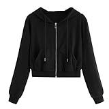 Ceboyel Womens Cropped Hoodie 2023 Drawstring Crop Tops Zip Up Hooded Sweatshirt Causal Winter Fall Fashion Clothing Preppy Clothes for Girls 9-10 Black Xl