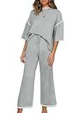 SHEWIN Two 2 Piece Lounge Sets for Women Casual Short Sleeve Knit Sweater Tops Matching Wide Leg Pants Loose fit Loungewear Tracksuit Set Womens Clothing Grey S