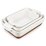 MALACASA Casserole Dishes for Oven, Ceramic Baking Dishes Set of 3, Baking Pan Casserole Dish Set, Rectangular Lasagna Pan Deep with Handles for Baking, Khaki White (14.5''/13''/10.5''), Series TARA