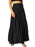 ANRABESS Women’s Boho Elastic High Waist Pleated A-Line Flowy Swing Asymmetric Tiered Maxi Long Skirt Dress with Pockets Black Medium