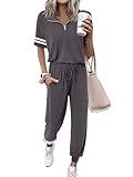 MASCOMODA Womens Two Piece Outfits 2025 Summer Short Sleeve Quarter Zip Pullover Tops Jogger Pants Tracksuit Loungewear Set(Dark Grey,Medium)