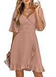 Dokotoo Women's Wrap V Neck 2025 Short Flared Sleeve Smocked Elastic Waist Tiered Belted Ruffle Hem Party Short Dress Cocktail Dress Pink XL