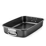 HONGBAKE Lasagna Pan 3 Inch Deep, 15x10" Baking Pan for Oven, Nonstick Cake Baking Dish for Brownie, Roasting Pans with Stainless Steel Handles, Heavy Duty, Dishwasher Safe, Dark Grey