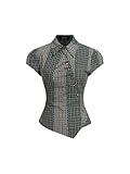 CIDER Women Asymmetrical Button Shirt Plaid Short Sleeve Gingham Collar Neck Two Tone Patched Tops Olive Green