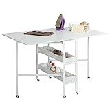 MELLCOM Home Hobby Craft Table with Storage Shelves, Mobile Folding Cutting for Large Fabric, Foldable Office Sewing Room White Fixed Height 35.5in