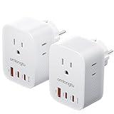 2 Pack Type E F Plug Adapter, 20W Germany France Travel Power Adapter with 3 USB Ports(2 USB C) 4 Outlets, South Korea Outlet Adapter for US to Europe EU Spain Iceland Greece Paris German French Korea
