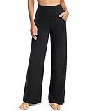 Promover Petite Wide Leg Black Pants for Women Stretchy Yoga Pants with Pockets High Waist Dress Work Pants(Black,L,28")