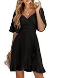 Dokotoo Womens Black Dresses Summer Wrap V Neck Short Sleeve Smocked Elastic Waist Tiered Belted Ruffle Hem Mini Dress Graduation Dress XL