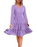 Zattcas Women 2024 Long Sleeve Fall Dresses V Neck Smocked Wasit Casual Flowy A Line Tiered Modest Teacher Work Midi Dress Lavender XL