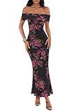 MEROKEETY Women's Summer Off Shoulder Floral Maxi Dress 2025 Formal Wedding Guest Cocktail Bodycon Dresses, Black, Large