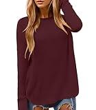 DB MOON Women Crewneck Long Sleeve Knitted Sweater 2025 Loose Fit Soft Solid Pullover Burgundy XL