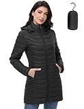 MIDNIGHTSUN Women’s Packable Puffer Jacket Lightweight Puffer Coat Mid-length Hooded Warm Winter Puffy Jacket (Black, M)