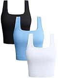 OQQ Women's 3 Piece Tank Tops Ribbed Seamless Workout Exercise Shirts Yoga Crop Tops Black Candyblue White