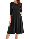 GRACE KARIN 3/4 Sleeve Casual A Line Dresses for Women 2024 Fall Elegant Pleated Fit and Flare Cotton Midi Dress Black M