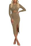 Pink Queen Fall Winter Ribbed Knit Dress for Women Vacation Long Sleeve High Waisted Brunch Outfits Crewneck Clubwear Party Slit Midi Dresses Camel L
