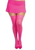 Dreamgirl Women's Sheer Thigh High Stockings with Silicone Lace Top, Neon Pink, One Size Plus