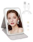 Rechargeable Travel Makeup Mirror with 80 LED Lights, Portable Lighted Makeup Mirror, 3 Color Dimmable Lighting Vanity Mirror, 360° Rotation Touch Screen Compact Tabletop Folding Cosmetic Mirror Large