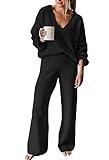 Viottiset Women's 2 Piece Outfits Casual V Neck Knit Wide Leg Sweater Lounge Set Sweatsuit Black Medium