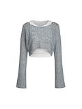 CIDER Crop Top Long Sleeve Tops for Women Crew Neck Ruched Tank Top Set Knit Outfits Going Out Top