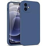 DEENAKIN Compatible with iPhone 12 Case with Screen Protector - Silky Silicone - Enhanced Camera Cover - 16ft Drop Tested - Slim Fit Protective Phone Case for Men Women Girls 6.1" - Navy Blue