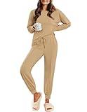 Ekouaer Lounge Sets for Women 2 Piece Jogger Pajama Long Sleeve Pants Loungewear Sweatsuits Casual Matching Outfits Khaki S