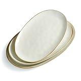 famiware Serving Platter, Oval 15.59/14.3/12.9 inch Serving Dishes for Entertaining, Serving Bowls, Microwave Safe, Stonware Serving Trays for Party, Turkey, Cheese, Ocean Series, Vanilla White